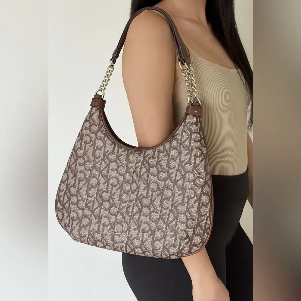 👜 Calvin Klein Monogram Chain Strap Hobo Bag
